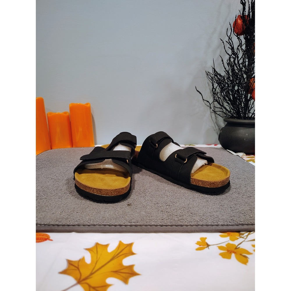 Black Double Strap Slide Sandals Cork Midsole Adjustable Comfort.